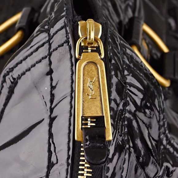 YSL Yves Saint Laurent Downtown Black Quilted Croc Embossed Patent Leather Tote - Picture 5 of 12